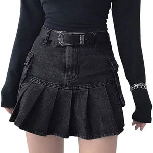 Pleated Black Denim Mini Skirt